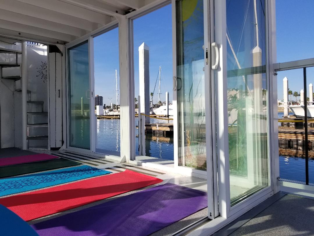 Yoga inside the houseboat studio